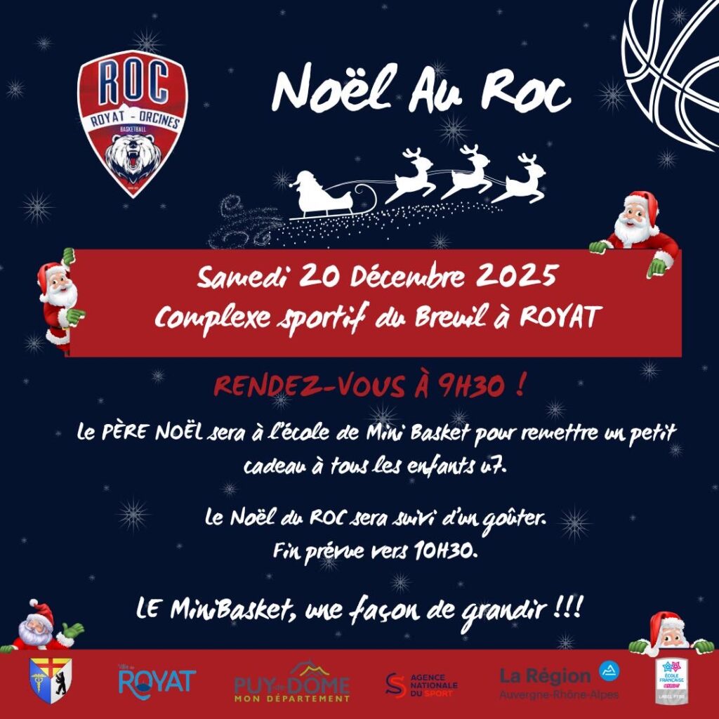 petite affiche mettant en avant l'événement noël en roc où des enfants U7 recevront des cadeaux